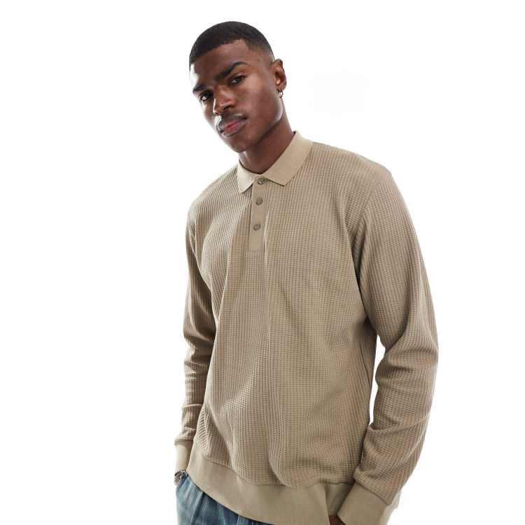 Jack & Jones knitted long sleeve textured polo in beige | ASOS