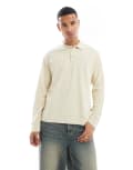 [Jack & Jones] Jack & Jones knitted long sleeve textured polo in ecru-White XL Almond milk