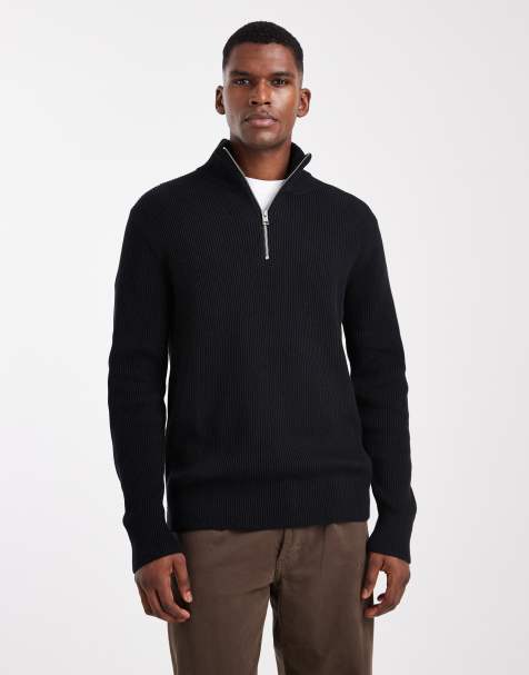 Jack & Jones knitted quarter zip jumper in black - view 1