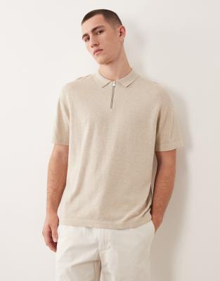 Jack & Jones Knitted Zip Polo In Neutral