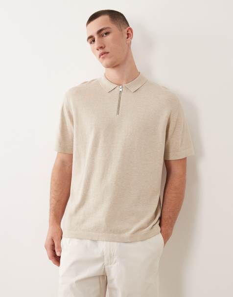 Jack & Jones knitted zip polo in beige - view 1