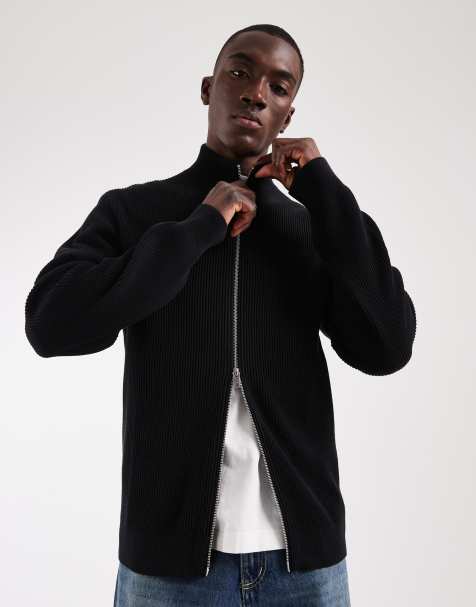 Jack & Jones kofta i ribbstickning med dubbla dragkedjor i svart - view 1