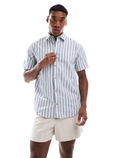Jack & Jones oxford stripe short sleeve shirt in blue