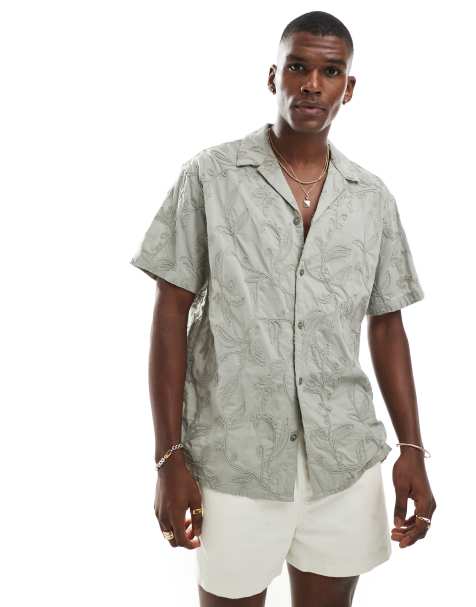 Jack & Jones emboridery short sleeve shirt in khaki