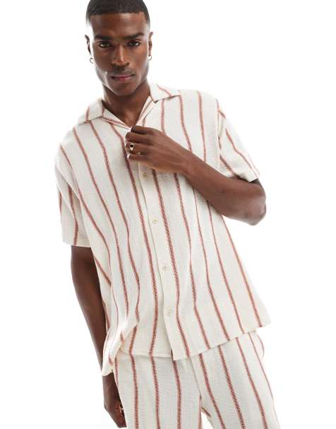 Jack & Jones co-ord revere collar shirt in cream red stripe
