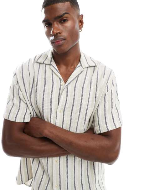 Jack & Jones revere collar linen look shirt in blue green stripe