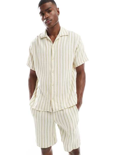Jack & Jones co-ord revere collar shirt in cream green stripe