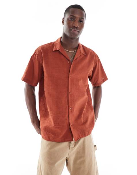 Jack & Jones revere collar shirt in seersucker dirt red