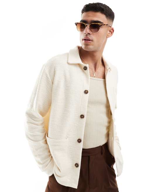 Jack & Jones – Krämvit, strukturstickad overshirt i cargostil