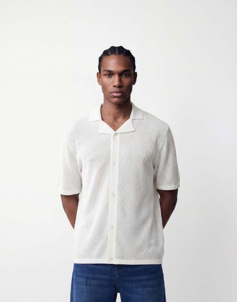 Jack & Jones knitted button through revere collar shirt in cream