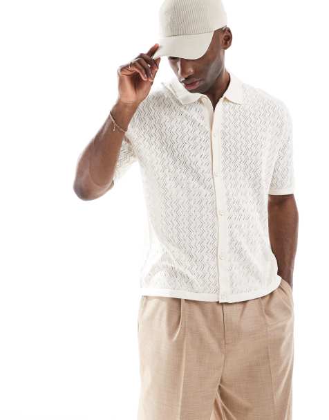 Jack & Jones button through shirt in knitted crochet in cream