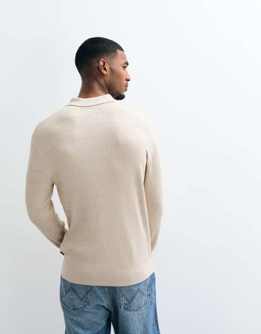 Jack & Jones – Kremowy, prążkowany sweter zapinany na guziki, 3 z 5