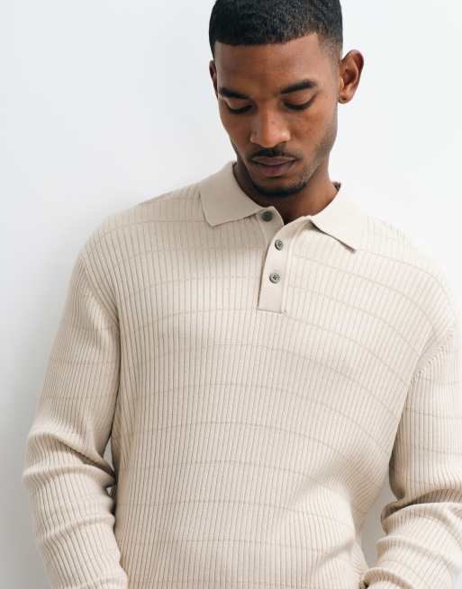Jack & Jones – Kremowy, prążkowany sweter zapinany na guziki, 5 z 5