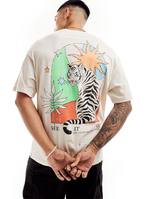 Jack & Jones – Kremowy T-shirt oversize z kolorowym nadrukiem tygrysa na plecach