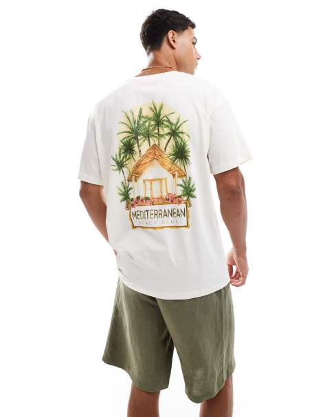 Jack & Jones – Kremowy T-shirt oversize z nadrukiem palmy na plecach - view 1