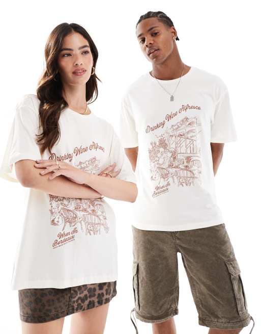 Jack & Jones – Kremowy T-shirt oversize z nadrukiem z napisem „Bordeaux”