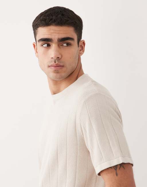 Jack & Jones – Kremowy T-shirt z prążkowanej dzianiny, 3 z 5