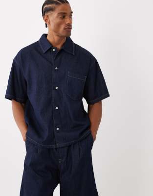 Kurzärmliges Jeanshemd aus Raw Denim, Kombiteil-Blau Blau L