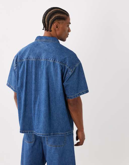 Jack & Jones – Kurzärmliges Jeanshemd in Mittelblau, Kombiteil, 3 von 5