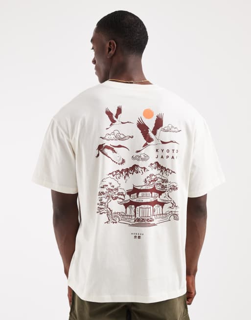Jack & Jones kyoto japanese back print t-shirt in cream, 3 of 5
