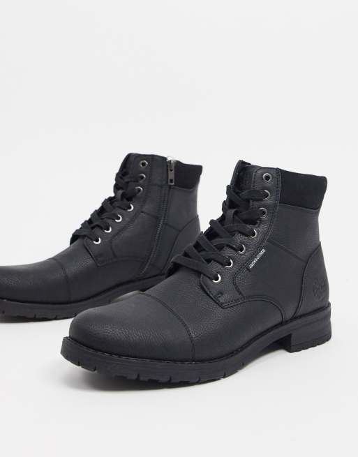 jack & jones clean leather lace up boot in black