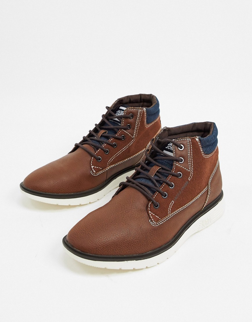 Jack & Jones lace up faux nubuck boot in brown with white sole