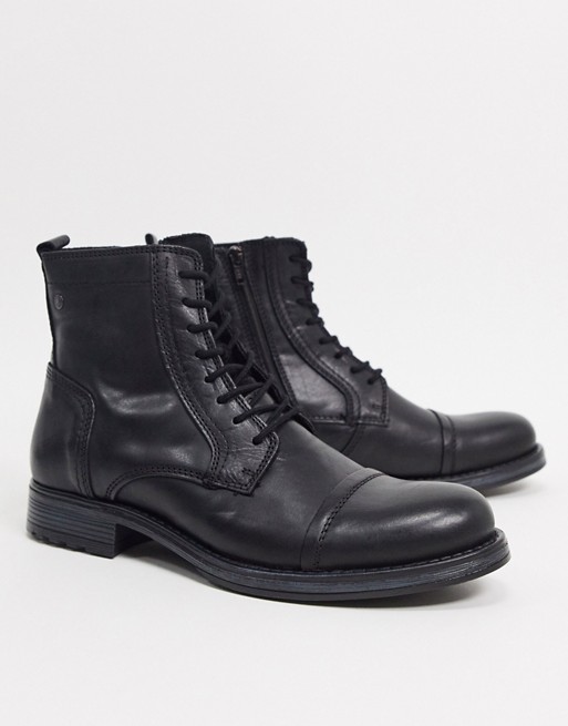Jack & Jones lace up leather boot in black