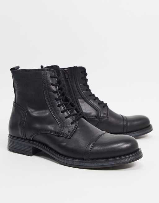 Jack & Jones lace up leather boot in black | ASOS