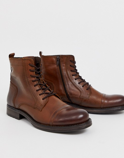 Jack & Jones lace up leather boot in brown | ASOS