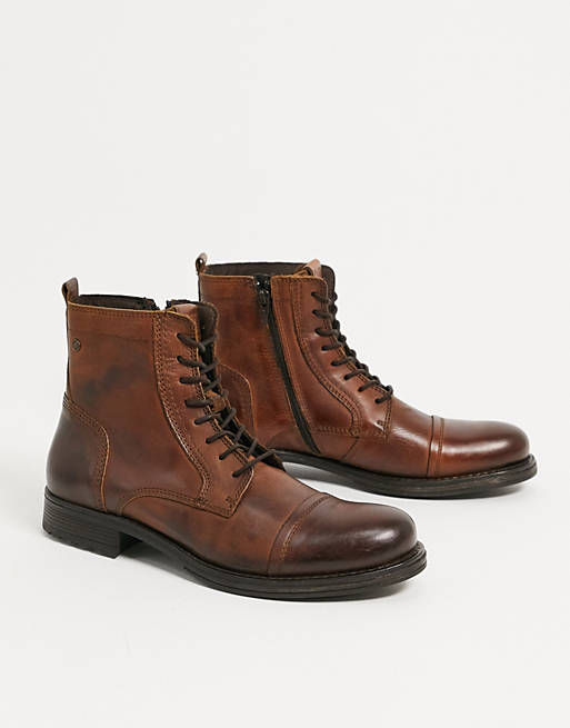 Jack & Jones lace up leather boot in brown | ASOS