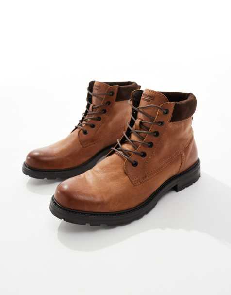 Jack & Jones lace up leather boot in tan - view 1
