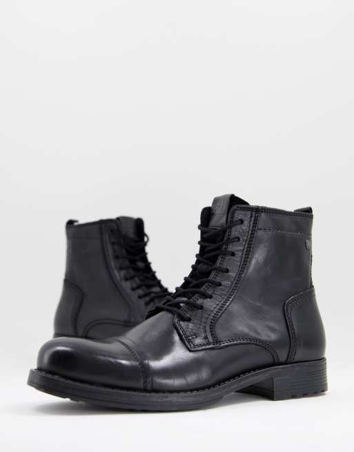 Derved Playful Lydig Jack & Jones lace up tall boots in black leather | ASOS