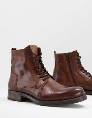 JACK & JONES LACE-UP TALL BOOTS IN BROWN LEATHER,12156000