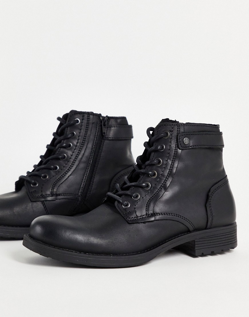 Jack & Jones lace-up tall boots with strap detail in black leather