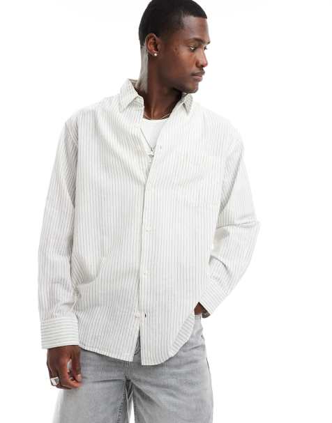 Jack & Jones – Langärmliges, gestreiftes Super-Oversize-Hemd aus Leinen in gebrochenem Weiß - view 1