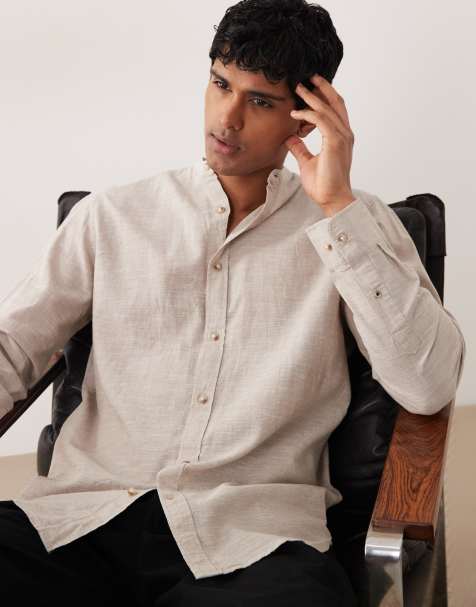 Jack & Jones – Langärmliges Hemd aus Leinenmix in Beige mit Grandad-Kragen - view 1