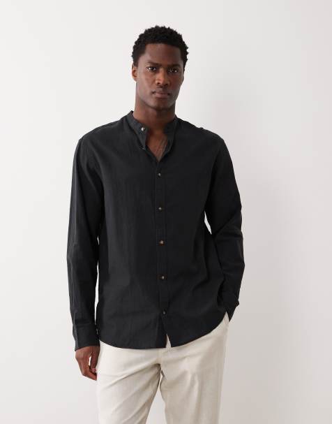 Jack & Jones – Langärmliges Hemd aus Leinenmix in Schwarz mit Grandad-Kragen - view 1