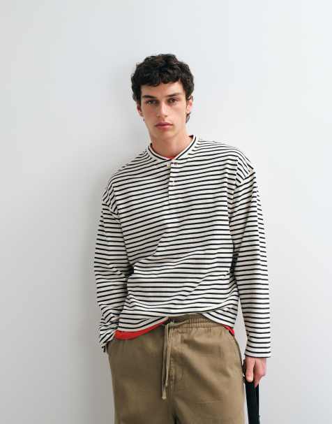 Jack & Jones – Langärmliges Henley-Oberteil in Schwarz und Weiß gestreift - view 1