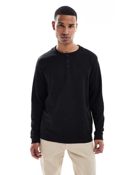 Jack & Jones – Langärmliges Henley-Shirt in Schwarz mit Strukturmuster - view 1
