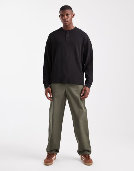 Jack & Jones – Langärmliges Oversize-Shirt in Schwarz mit Henley-Ausschnitt und Waffelstruktur, 2 von 5