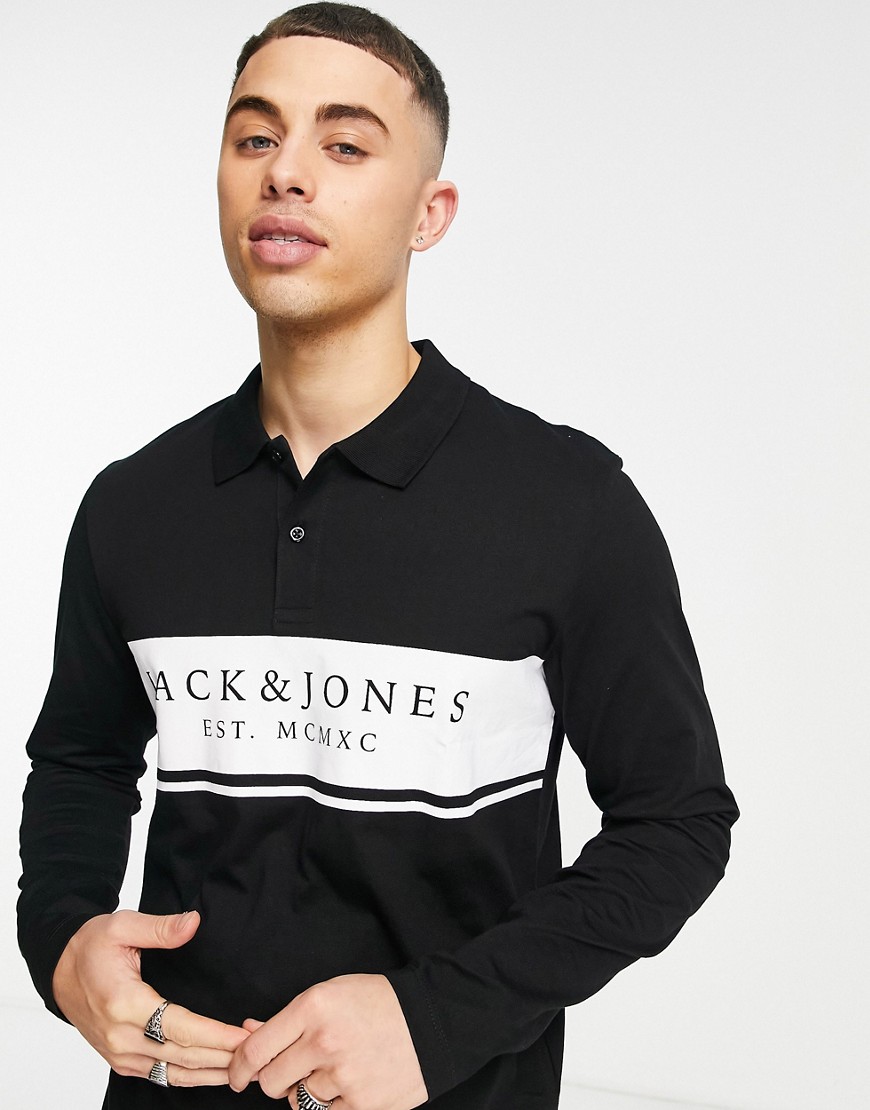 Jack & Jones – Langärmliges Rugbyhemd in Schwarz mit Logo