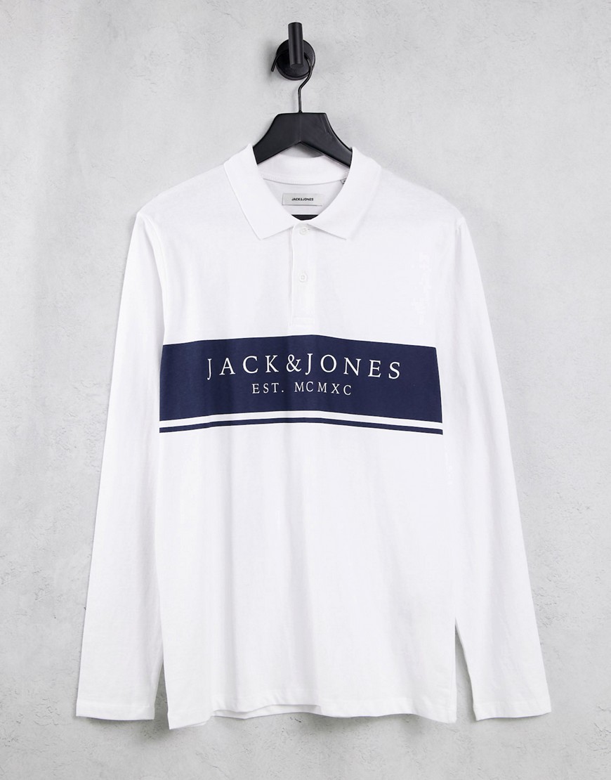 Jack & Jones – Langärmliges Rugbyhemd in Weiß mit Logo