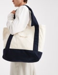 [Jack & Jones] Jack & Jones large canvas tote bag with embroidery in cream-White One Size Antique White