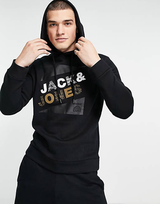 perspectief condensor Lieve Jack & Jones large logo overhead hoodie black | ASOS