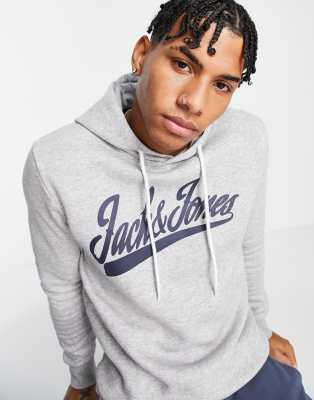 Jack & Jones large logo overhead hoodie in light grey