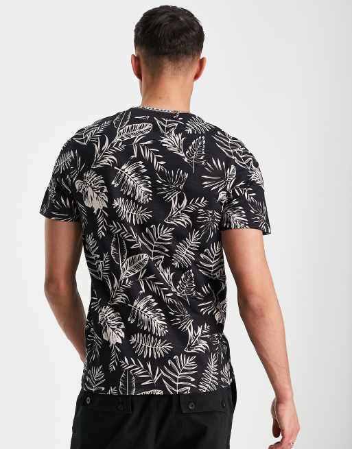 Jack Jones leaf print crew neck t shirt in black