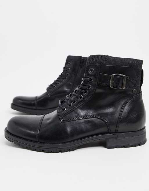 jack & jones clean leather lace up boot in black