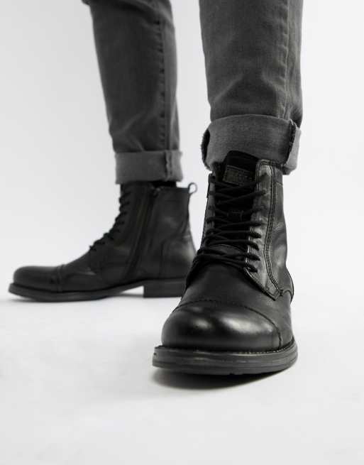 Jack & jones leather boot with side on sale zip