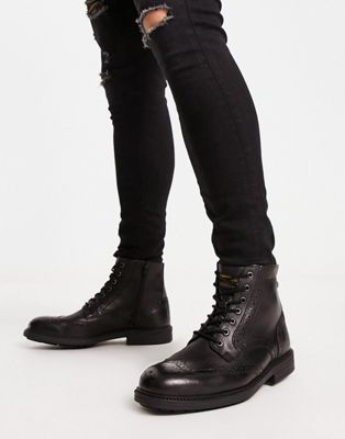 Jack & Jones leather brogue boot in black