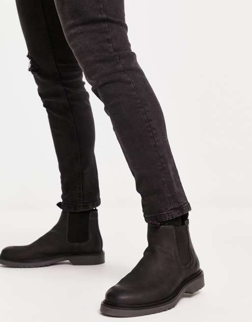 Jack Jones leather chelsea boot in black with ribbed sole